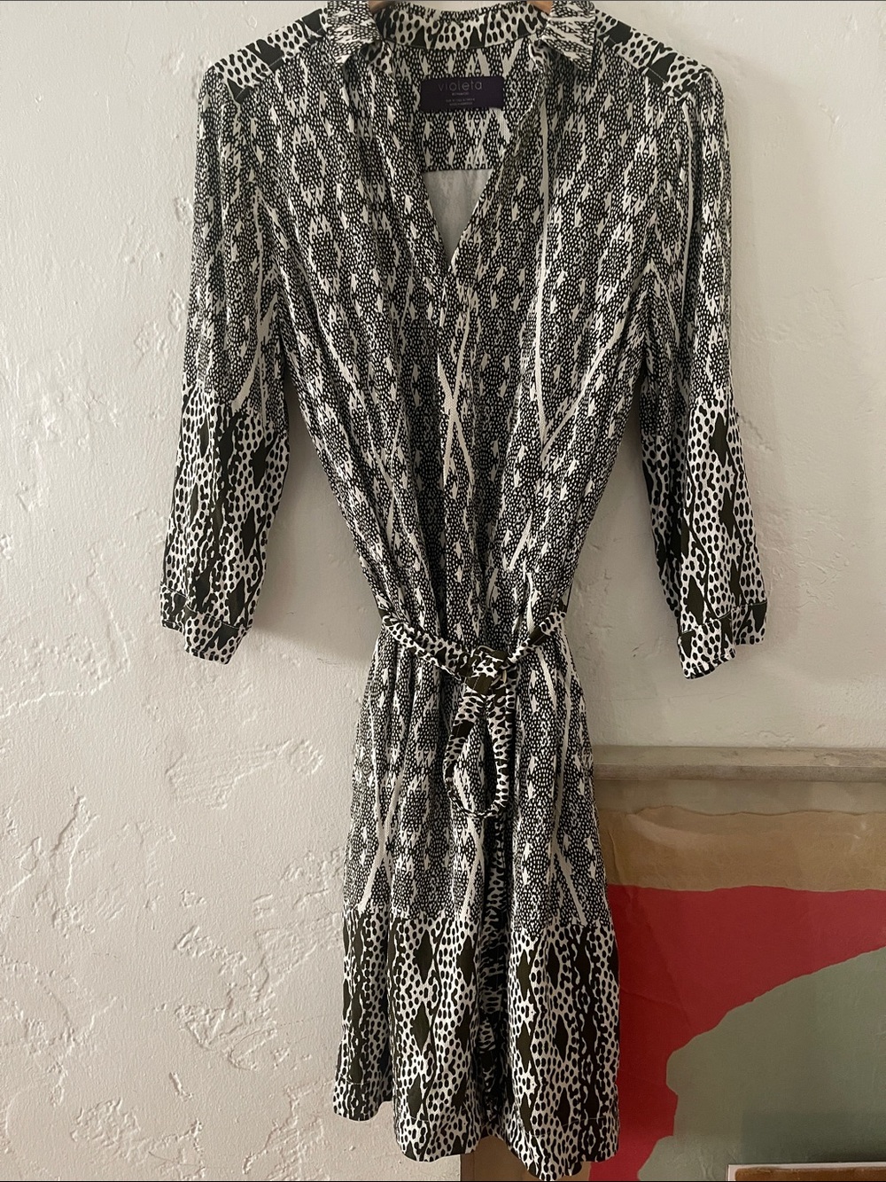 Dark Brown & White Printed Wrap Dress with Tie Belt